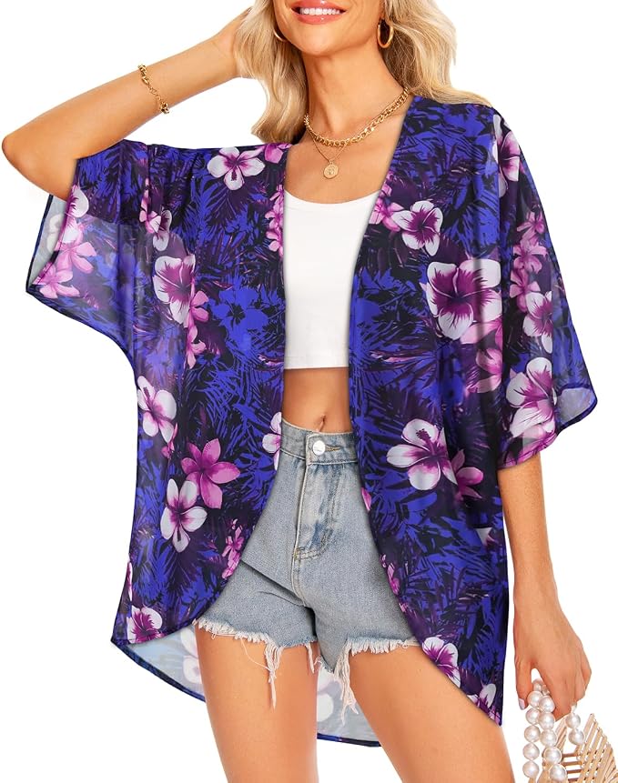 Women Kimono Cardigans Summer Cover Up Hawaiian Shirts Floral Print Tops | ROSEMIA chiffon kimono open front cardigans, beach cover ups, daily casual tops, cruise outfits, summer resort wear