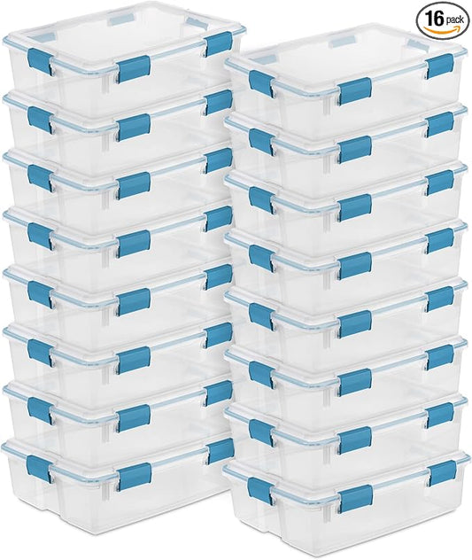 Sterilite Gasket Storage Box with Lids for Home & Office, 37 Quart, 16-Pack | Heavy-Duty, Stackable, and Organizing Containers for Bathroom, Cabinet, Closet, and Garage, Clear and Blue Aquarium Latches