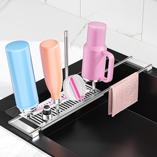 Expandable Over Sink Water Bottle Drying Rack with Dish Cloth Holder, Metal Kitchen Cup Drying Rack, Space-Saving Sink Drainer for Baby Bottles, Bottles, Dish Rags, Gloves & Reusable Bags (Silver)