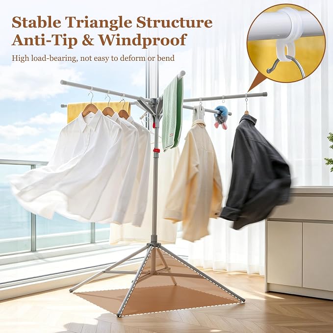 Adjustable Collapsible Umbrella Style Clothes Drying Rack, 4Legs6Telescopic Arms, Space-Saving Freestanding Laundry Airer with Windproof Clips, Easy Setup Indoor Outdoor (Gray-Carbon Steel)