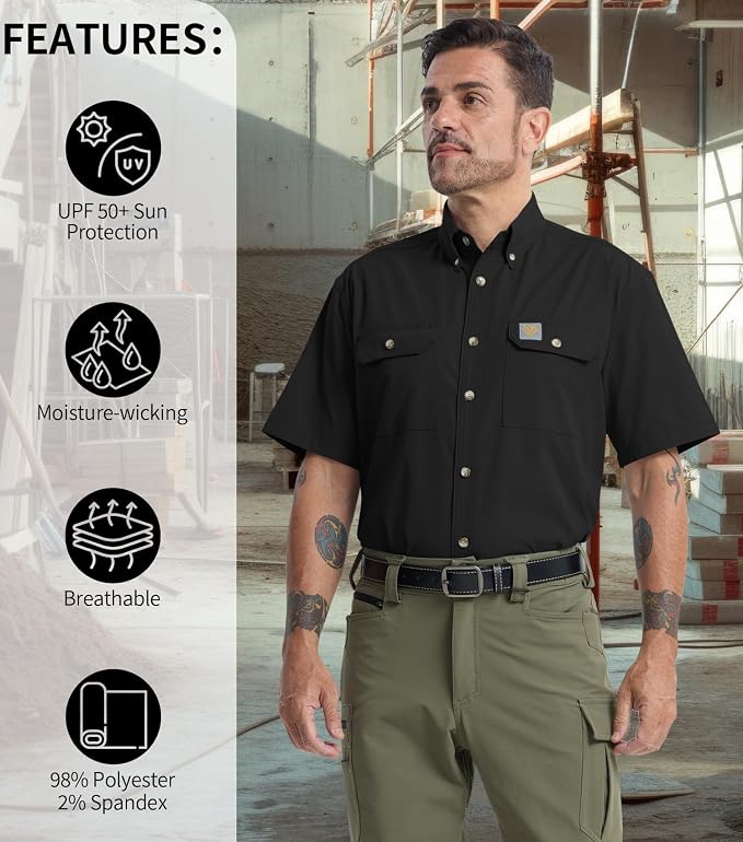 Mens Regular Fit Work Utility Shirt Midweight Short Sleeve Work Wear | Midweight stretch work shirt with reflective trim, 2 secure chest pockets, moisture-wicking comfort, easy-care fabric