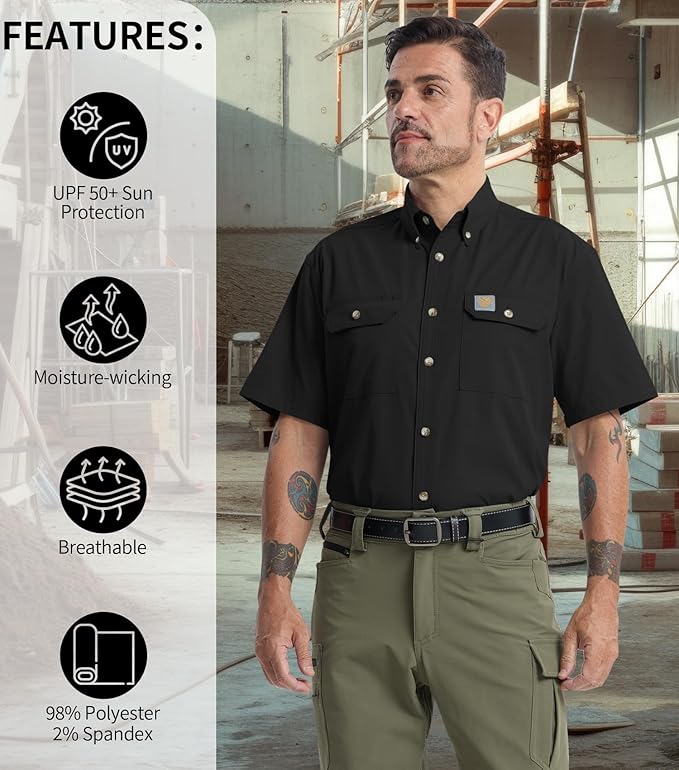 Mens Regular Fit Work Utility Shirt Midweight Short Sleeve Work Wear | Midweight stretch work shirt with reflective trim, 2 secure chest pockets, moisture-wicking comfort, easy-care fabric