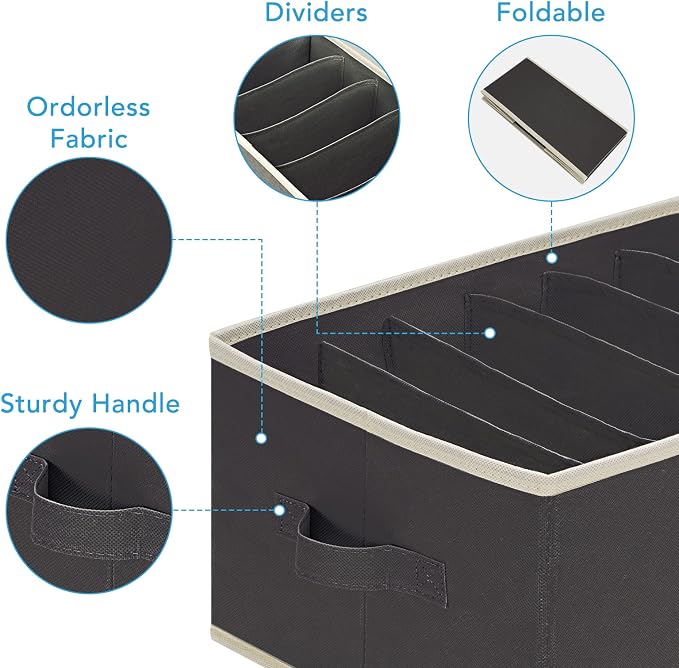 3 Pcs Large Size Wardrobe Clothes Organizers 6 Grids for Pants, Jeans, Sweater, T-shirt, Dress Stackable Closet Drawer Organizer Storage Bin Container with Sturdy Handles, Black