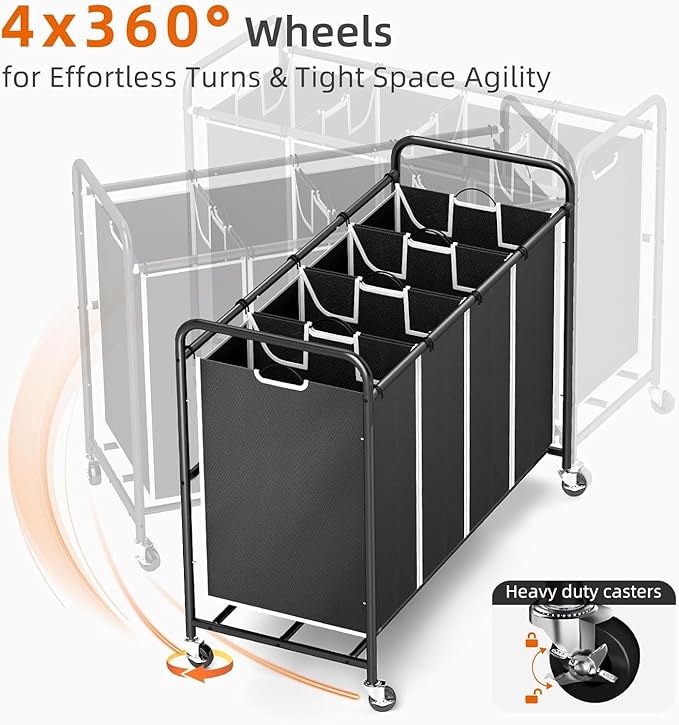 ROMOON Laundry Hamper Sorter Cart, 4-Section Organizer with Lockable Wheels | Heavy-Duty 180L Rolling Laundry Basket with Removable Bags for Dirty Clothes in Laundry Room or Small Spaces, Black