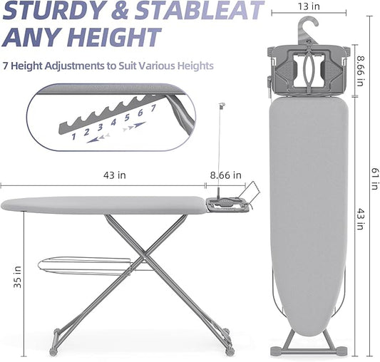 KINGBOARD Ironing Board, Compact Iron Board Full Size with Extra Thick Cover, 7 Adjustable Heights Stand with Hanger and Iron Rest, Large Heavy Duty Ironing Board with Storage Tray, 13x43 Grey