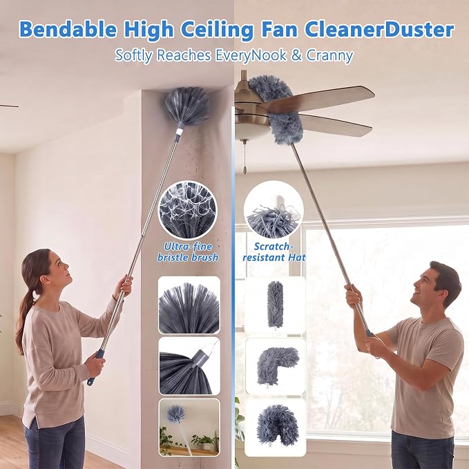 Duster with Extension Pole 30-100 Inches, Bendable Microfiber Cobweb, Gray, Duster for Cleaning Ceiling Fan, High Ceiling, Roof, Window & Blinds