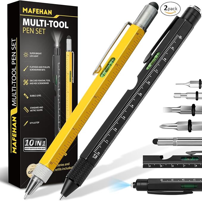 MAFEHAN 10-in-1 Multitool Pen Set, Gifts for Men Dad Husband Grandpa | LED tool pen gifts for men who have everything; aluminum EDC pen for writing, measuring, fixing and touchscreens.