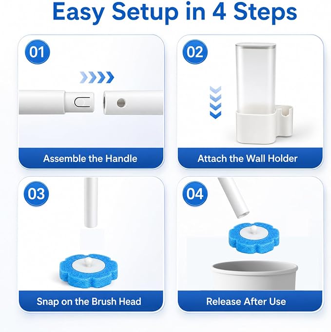 Disposable Toilet Brush with 42 Blue Refills, Toilet Bowl Cleaner Brush with Holder, Wall Mounted Toilet Wand Kit, Deep Cleaning Disposable Scrub Brush Heads