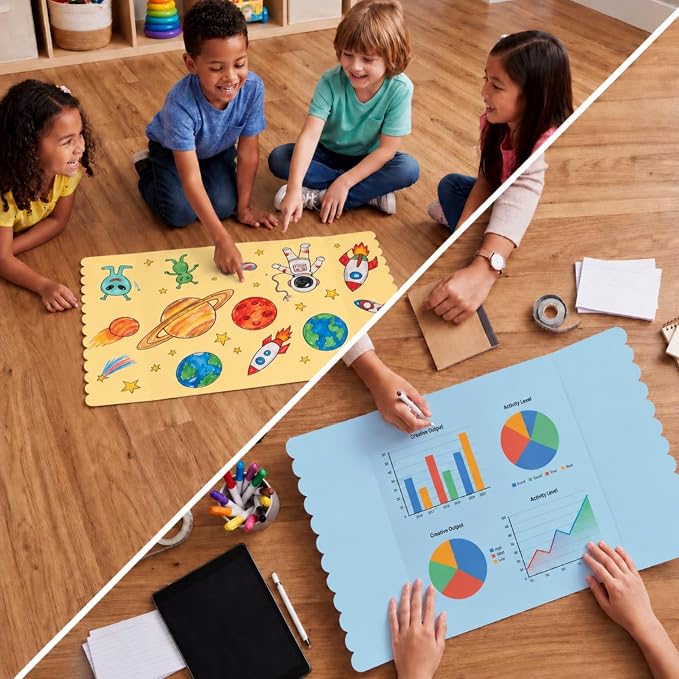 Mooliwe 4 Pack 24" x 16" Trifold Poster Board, Small Colored Tri Fold Corrugated Display Boards with Scalloped Edges for Science Fair, School Projects Presentation, Classroom & Back to School Supplies