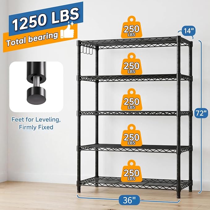 5 Tier Wire Metal Shelving: Adjustable Pantry Storage Shelves, NSF Bakers Rack Heavy Duty Garage Shelving Unit, Utility Shelf Organizer for Closet, Kitchen, 72" H x 36" W x 14" D, 2 PCS