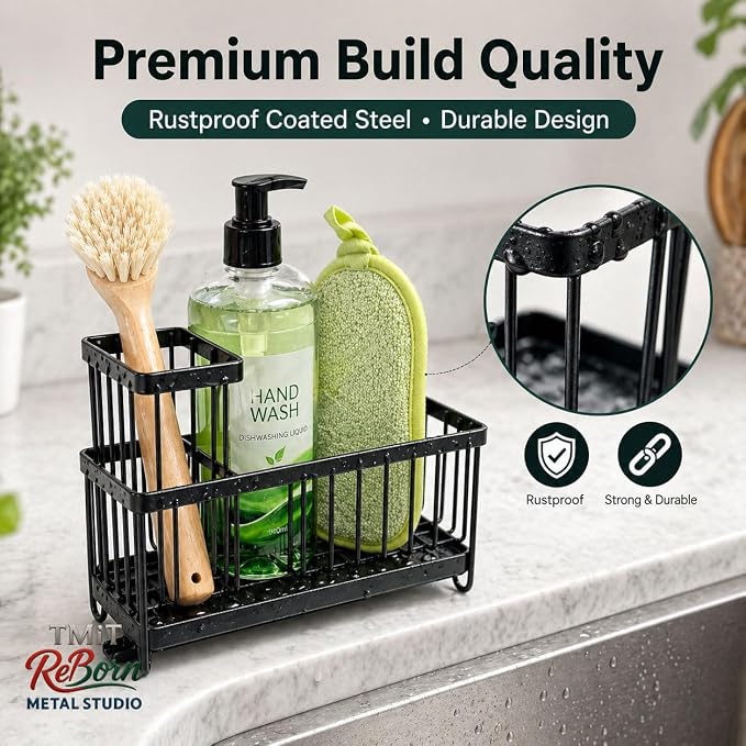 Kitchen Sink Caddy Matte Black, Stainless Steel Sponge Holder with Drainage Tray, Sink Organizer for Sponges, Brushes & Soap, Countertop Storage Rack, 9.4 x 4.7 x 6.5 Inch