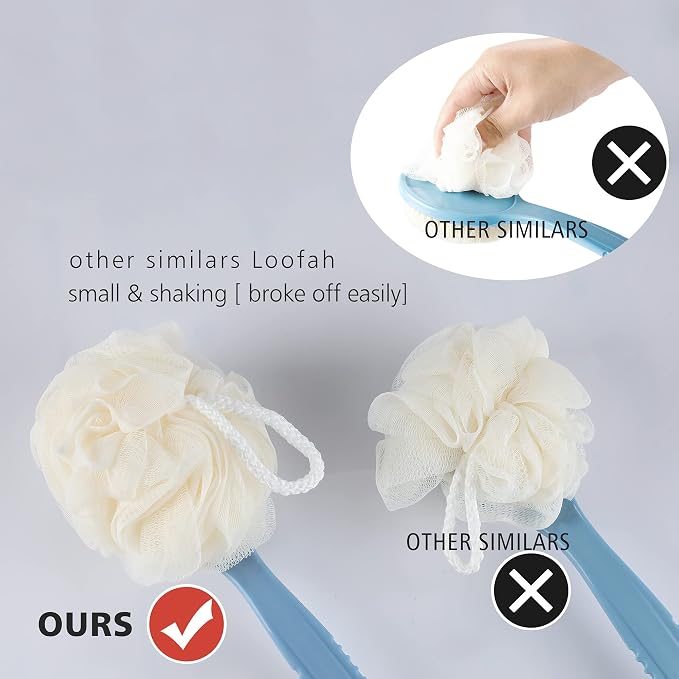 Shower Body Brush with Bristles and Loofah,Back Scrubber Bath Mesh Sponge with Curved Long Handle for Skin Exfoliating Bath, Massage Bristles Suitable for Wet or Dry, Men and Women(Orange)