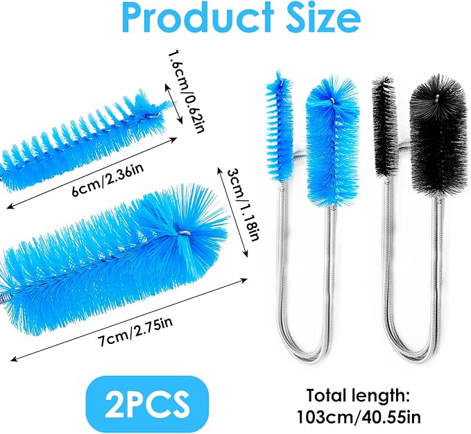 2 Pcs Flexible Drain Pipe Cleaning Brush, 36" Extra Long Double Ended Nylon Bristles and Stainless Steel Tube Cleaners, 2 Brush Head Sizes for Kitchen Sink, Pipe and Hose Cleaning (Black+Blue)