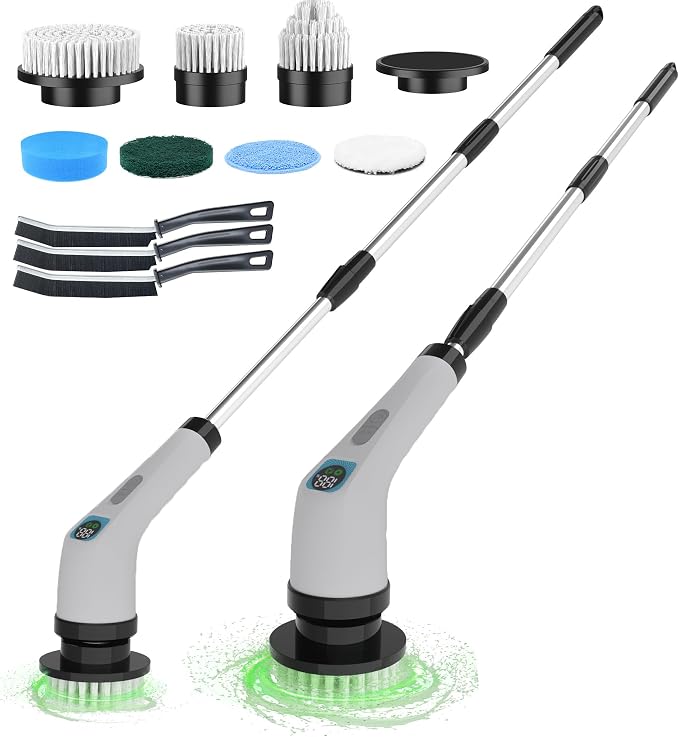Electric Spin Scrubber for Cleaning - Bathroom Floor Shower Scrubber with Long Handle Cordless Handheld Power Spin Brush, IPX7 8in1 400RPM LED-Screen Fast Charging