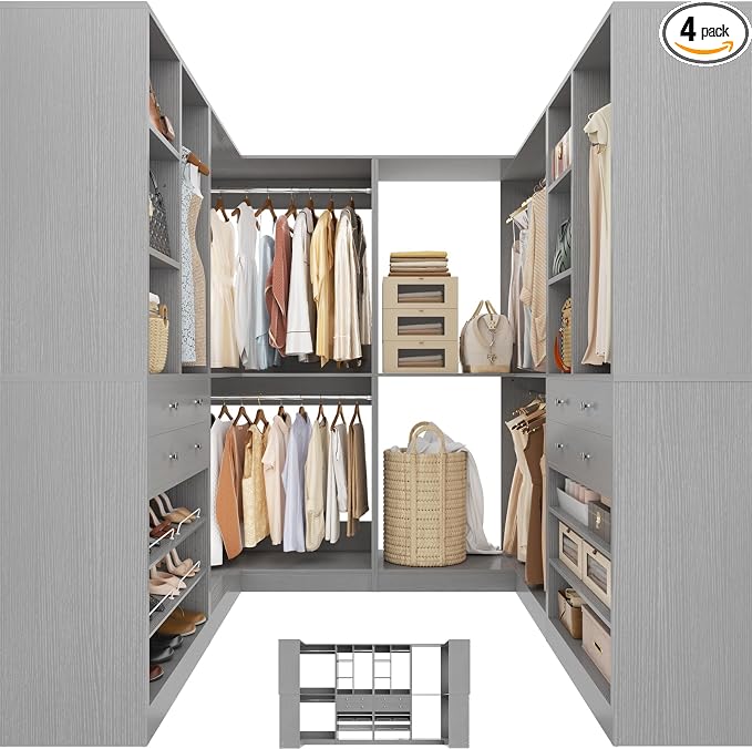 Besiost Closet System with 4 Drawers & Corner Tower, Closet Organizer System with 4 Hanging Robs, Reversible U Shaped Walk-in Closet System, Load 2600+LBS Capacity, Set of 4, Morandi Grey