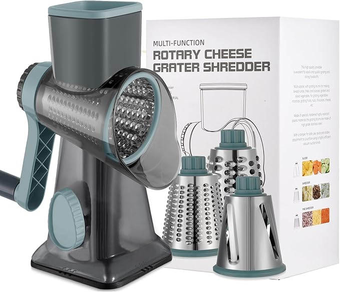 Cheese Grater Hand Crank Rotary Vegetables Shredder with Handle | 3-in-1 Graters, Interchangeable Blades, Non-slip Base, Multifunctional Slicer