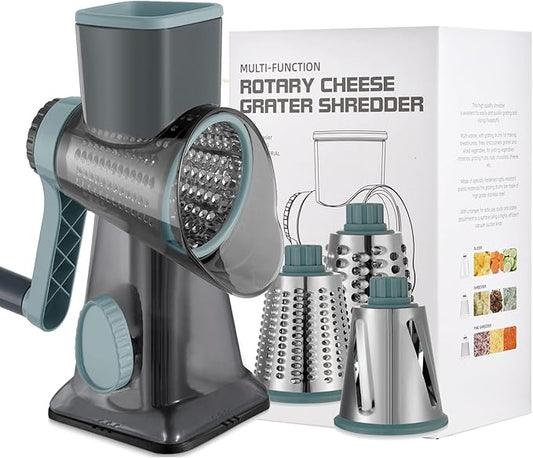 Cheese Grater Hand Crank Rotary Vegetables Shredder with Handle | 3-in-1 Graters, Interchangeable Blades, Non-slip Base, Multifunctional Slicer