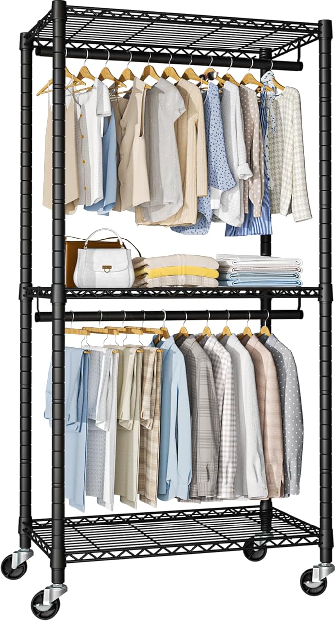 FUTASSI Heavy-Duty Portable Closet, 30"W x 14"D x 76"H, Black, Carbon Steel | Metal Rolling Clothing Rack, Closet System with Wheels and Shelves for Hanging Clothes, Portable Wardrobe Organizer Storage