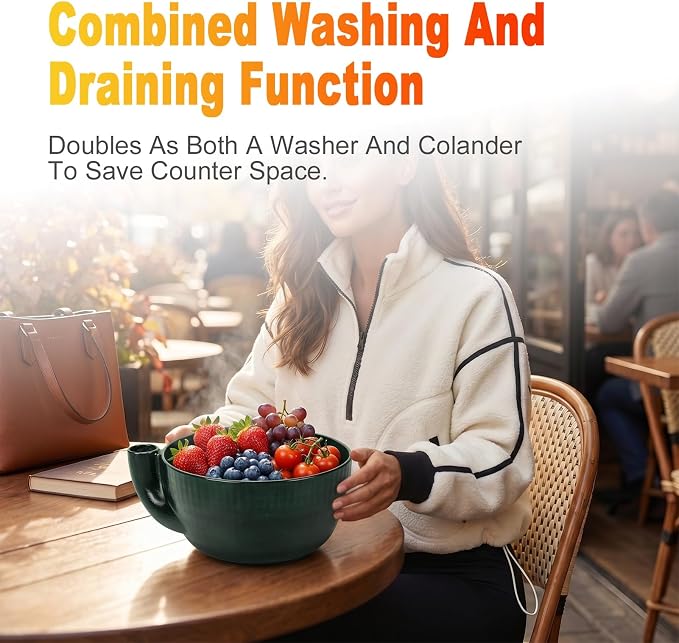 Self Spinning Berry Washing Bowl, Fruit Washer Spinner with Drain Base, 360 Deep Cleaning Swirling Berry Bowls for Cleaning Berries, Vegetables (with Drain)