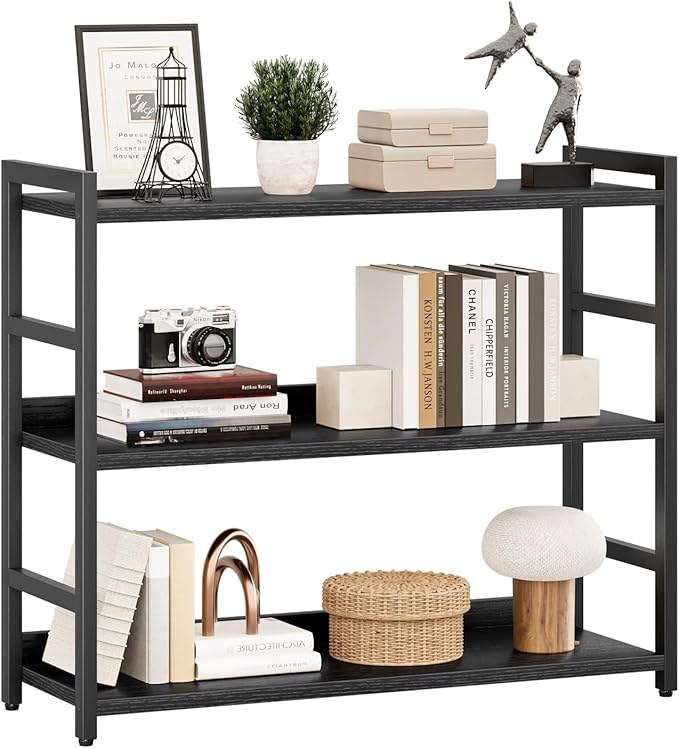 NUMENN Wide Bookshelf, 3 Tier Freestanding Shelving Unit, Black | Metal Frame & Wood Shelves, Falling Prevention Baffle, Open Storage Bookcase for Bedroom, Living Room & Home Office