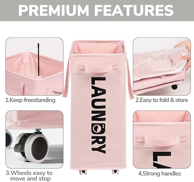 Goodpick 2-Pack Laundry Hamper with Wheels, Dorm Essentials for Girls,75L | Laundry Basket with Wheels, Collapsible Laundry Basket, Rolling Laundry Hamper with Handle for College Dorm,Pink