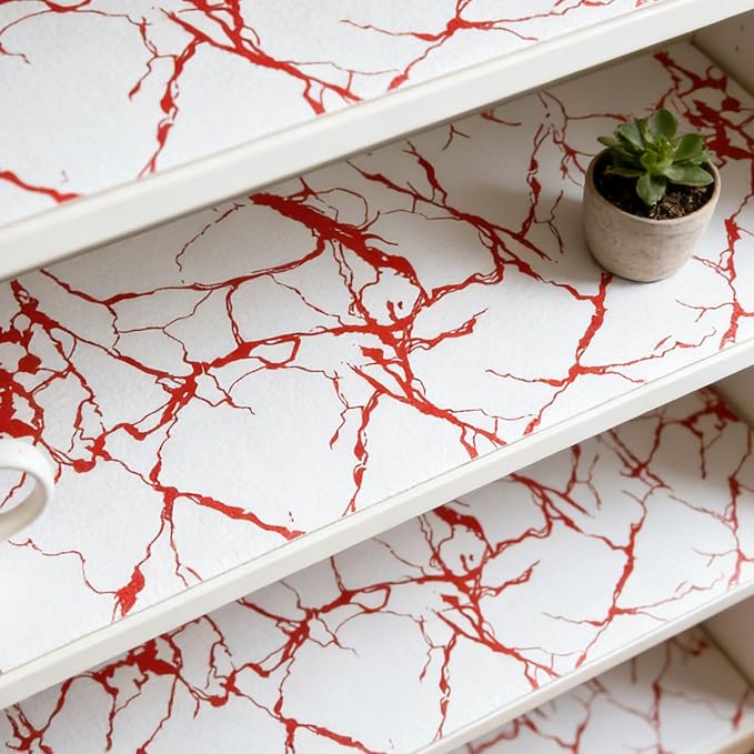 Red Marble Pattern Shelf Liner, Non-Adhesive Non-Slip Thickened Drawer Liner, Easy to Clean Contact Paper for Kitchen Cabinets, Tool Box, Refrigerator, Includes Knife & Tape Measure.12×236.22inch