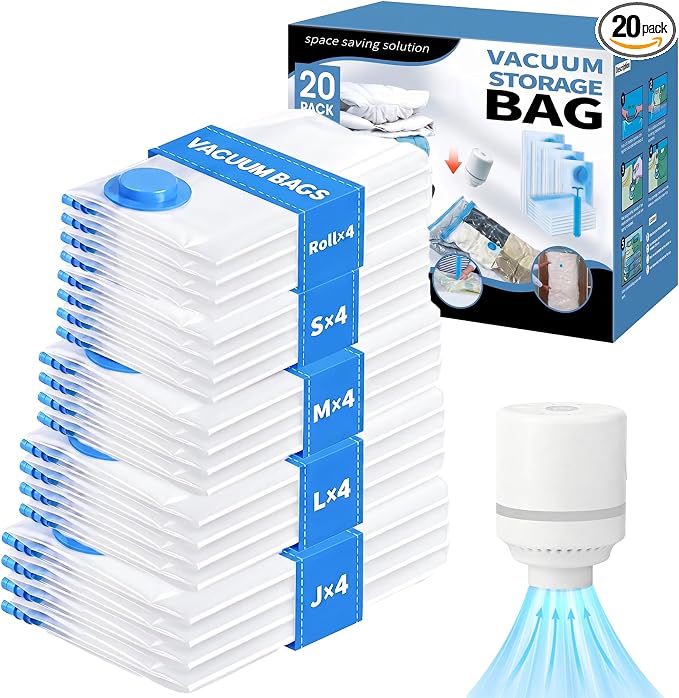 20 Pack Vacuum Storage Bags with Electric Pump, Compression Space Saver Vacuum Seal Bags 4 Jumbo/4 Large/4 Medium/4 Small/4 Roll Up Bags for Clothing Travel Comforters Blankets Pillows Bedding Duvets
