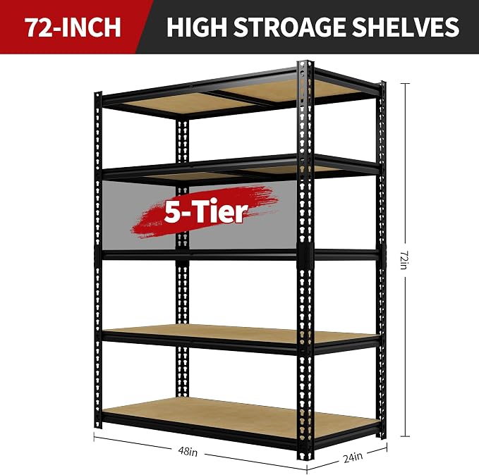 Heavy Duty Garage Storage Shelves, 5-Tier Adjustable Storage Shelving Unit | 3000 Lbs Capacity, 48" L x 24" W x 72"H Metal Shelving Racks for Kitchen Pantry Basement Bathroom Laundry