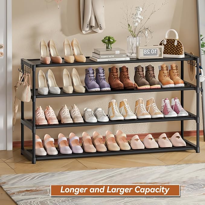 LUKYTOWER Extra Long Shoe Rack 4 Tier with 2 Hooks Shoe Storage Organizer | Wide Stackable Shoe Racks for Closet, Entryway,Shoe Shelf Stand Sturdy Durable Shoes Holder Save Space Up to 26Pairs