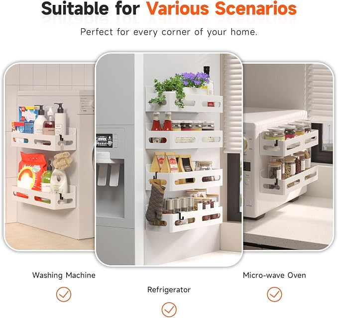 Sevenblue 2-Pack Magnetic Spice Rack for Refrigerator with Hooks, White | Strong multipurpose magnetic shelf for kitchen & bathroom organization. Includes 4 removable hooks for hanging items.