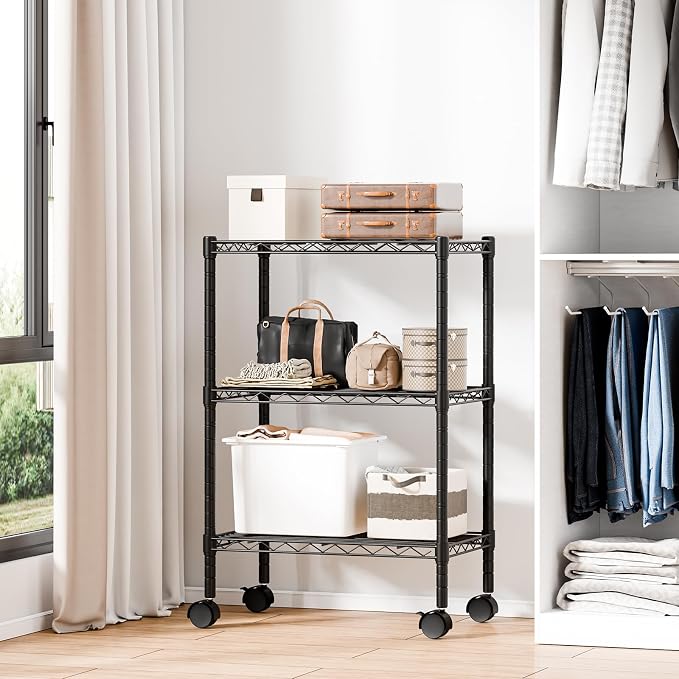 DUMOS 3-Tier Metal Storage Shelves, 23" W Wire Shelving Storage Rack with Lockable Wheels, Adjustable Shelving Unit, Standing Closet for Garage, Kitchen, Office, Living Room, 23" Wx13 Dx30 H