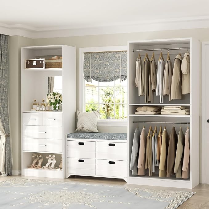 Unikito 61" Closet System, Heavy Duty Wood Closet Organizer with 2 Hanging Rods, Walk-in Wardrobe Garment Rack with Adjustable Shelves, Free-standing Clothing Rack, White Oak