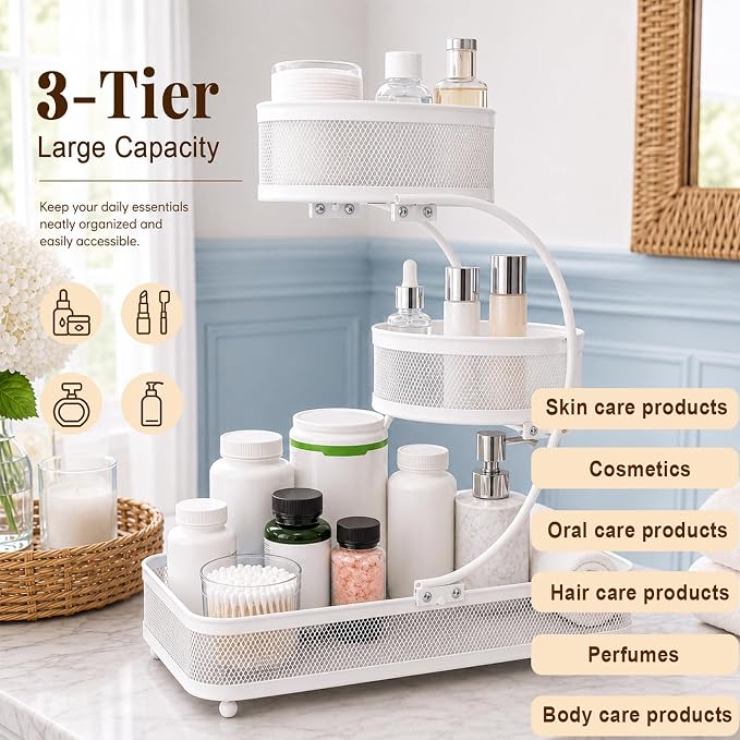 3 Tier Bathroom Counter Organizer-Perfume Organizer | Make Up Organizers for Vanity, Metal Shelf Organizer With Water-Resistant Open Design And Strong Load Capacity, White