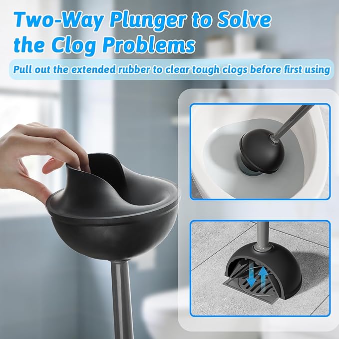 Sellemer Toilet Brush and Plunger Set, Curved Design Head Toilet Bowl Brush for Deep Cleaning, Heavy Duty Plunger for Bathroom, Grey, 2 Pack