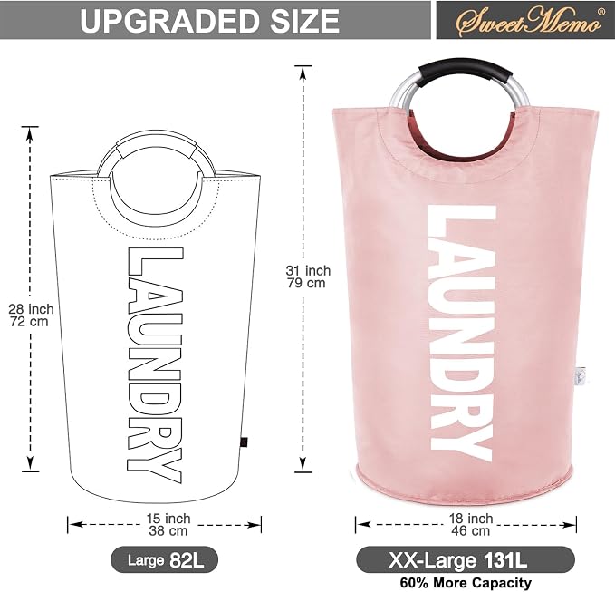 2-Pack XXL Laundry Basket, Big Laundry Hamper Bag with Handles, 130L Pink | Freestanding Tall Dirty Clothes Hamper, Collapsible and Portable Laundry Bin for Dorms and Bedrooms, Thick, Sturdy Fabric