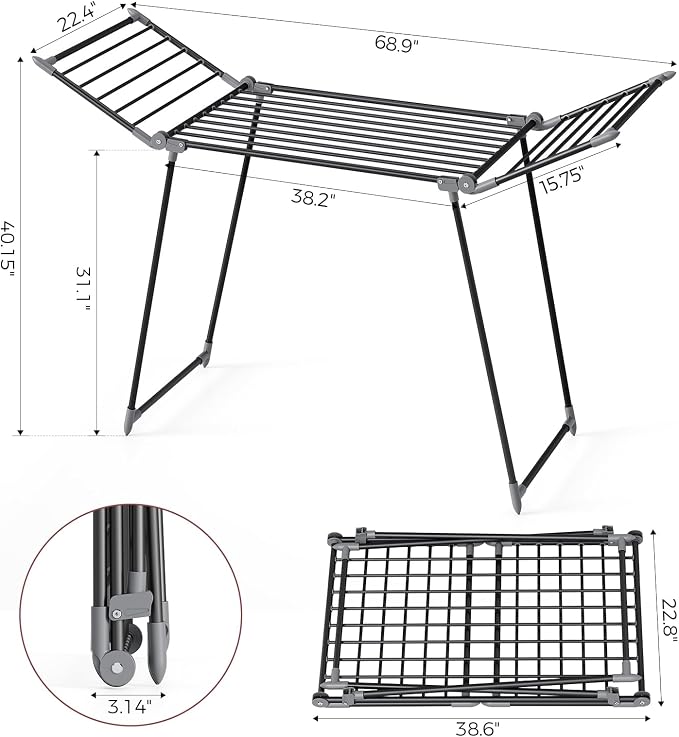 APEXCHASER Clothes Drying Rack, Large Capacity Drying Rack, 69" L, Black | No Assembly, 69" X 22.4" X 40", 37lbs Hold, Foldable Drying Rack Clothing, Sturdy Metal Frame, Laundry, Indoor & Outdoor Use