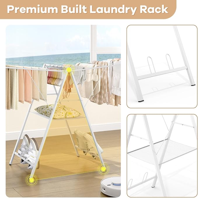 APEXCHASER 6 Height Adjustable Clothes Drying Rack with Shoe Slots, White | Pre-Assembled, Stable Load Structure, 22 Drying Rails, Foldable Space-Saving For Efficient Indoor & Outdoor Airflow Drying