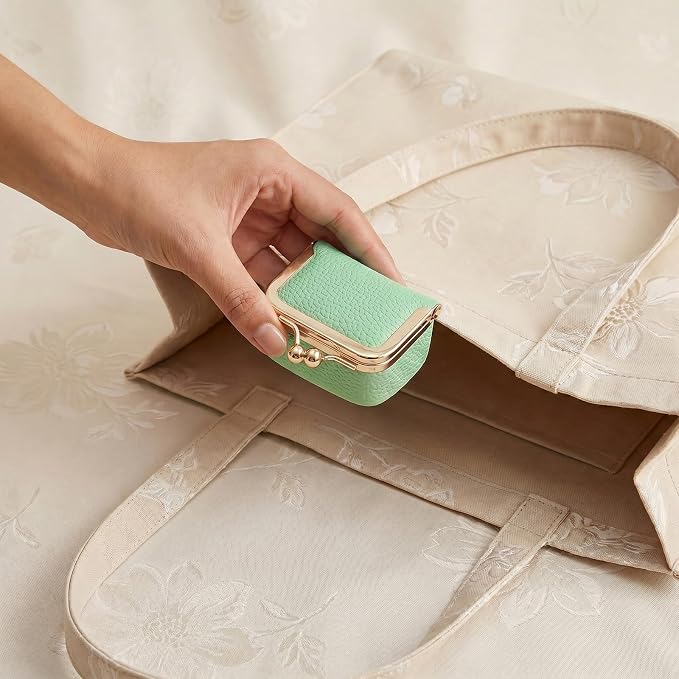 Genuine Leather Mini Jewelry Box Portable Vintage-Inspired Leather Small Coin Purse Jewelry Organizer Case Mini Travel Ring Box with Kiss Lock for Women Earring Ring Necklace