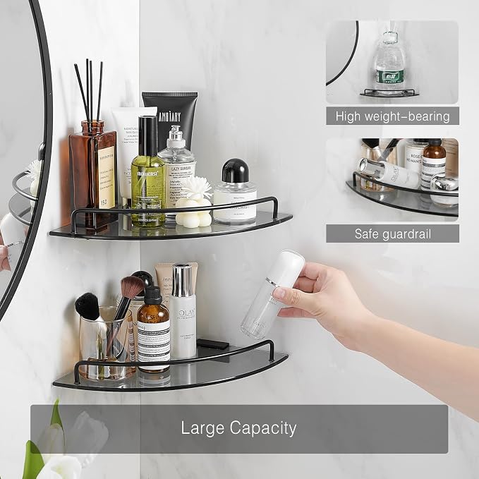 Voldra Glass Corner Shower Caddy, 2 Pack Adhesive Corner Shower Shelves for Inside Shower No Drilling, Tempered Glass Bathroom Corner Shelf with Guardrail Bathroom Shower Organizer Storage Rack(Black)