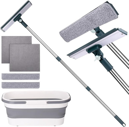 XANGNIER Window Cleaning Kit Tool with Storage Bucket & Extension Pole | Window Washing Kit with Extension Pole,Professional Windows Washer Cleaner Squeegee Kits,Indoor&Outdoor High Windows
