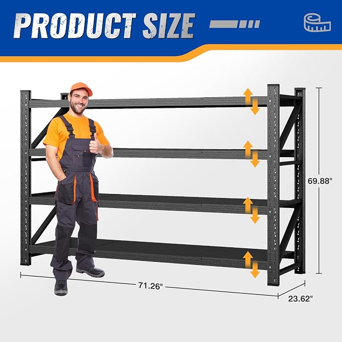 BYNSOE Heavy Duty Storage Shelving Unit 71''W, 4 Tier Adjustable Garage Shelving Rack, 5000 lbs Capacity Steel Storage Rack, Shelves for Garage, Basement, Warehouse71 W X 24" D X 69" H