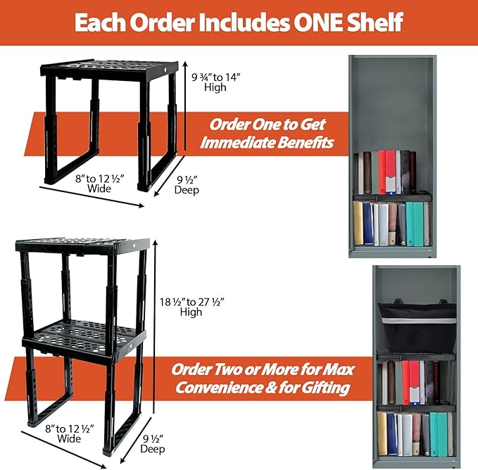 Piffny Locker Organizer Shelf， Adjustable Width and Height, Ideal Locker for School, Office, and Gym Lockers… (White), PLKSLF01