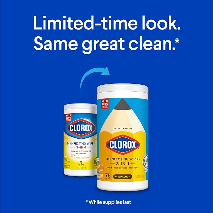 Clorox Disinfecting Wipes Back to School, Bleach Free, Crisp Lemon, 75 Count, Pack of 2 (Package May Vary)