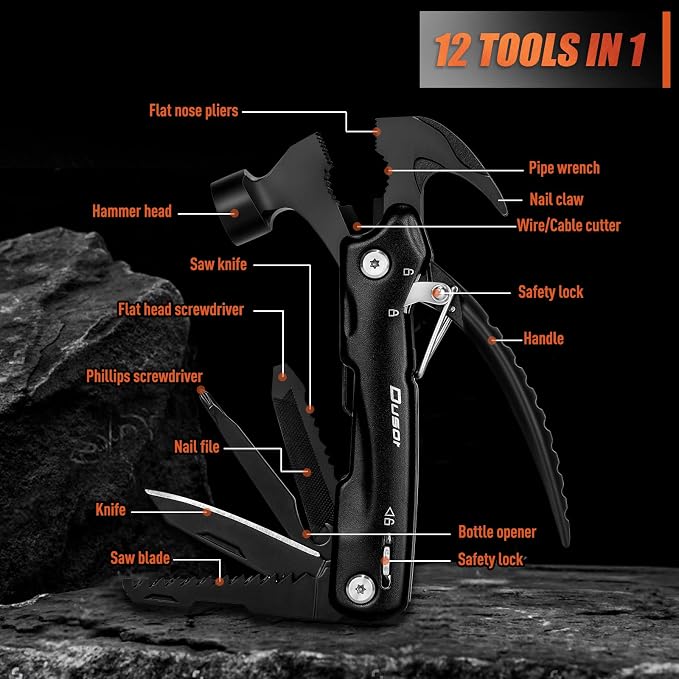 Gifts for Men 12 in 1 Hammer Multitool, Cool Gadgets for Husband | Stocking Stuffers for Men, Hunting Anniversary Birthday Gifts for Him Who Wants Nothing, Camping Essentials Survival Gear