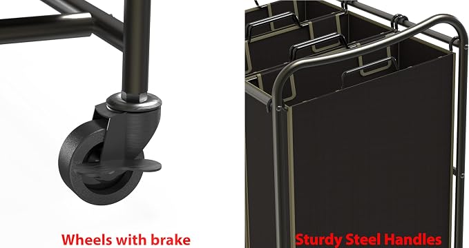 Simple Houseware Heavy Duty 3-Bag Laundry Sorter Rolling Cart, Bronze | Removable Bags and Lockable Wheels for Laundry Room Organization
