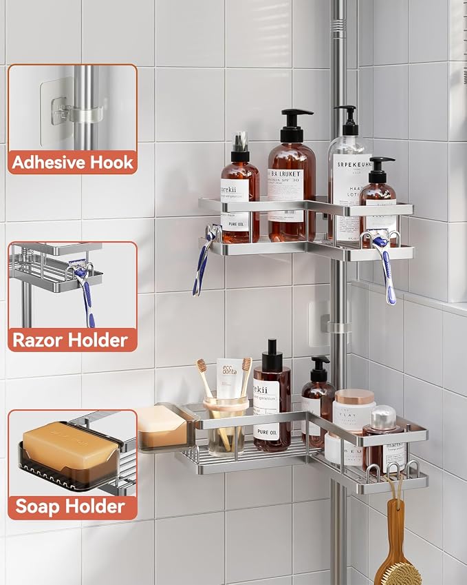YASONIC Corner Shower Caddy Tension Pole, 25.7-109.1in Adjustable Shower Shelves, Rust-Resistant Shower Organizer, No-Drill 3-Step Installation, Bathroom Shelves for Renters & Family, Silver
