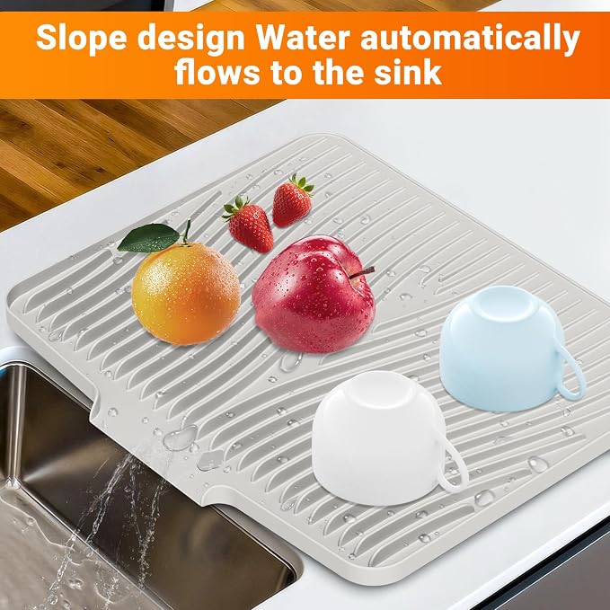 Silicone Dish Drying Mat for Kitchen counter, 19.7"x17" Extra Large Non-Slip Drain Pad with Built-in Drainage, Heat Resistant Dishwasher Safe, Cream