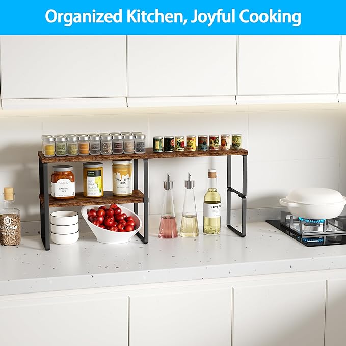 Golener Kitchen Counter Organizer, Countertop Shelf, Adjustable, Stackable | Kitchen Countertop Organizer, Spice Rack, 2-Tier Countertop Shelves, Corner Desk Shelf, Corner Counter Shelf, Rustic Brown