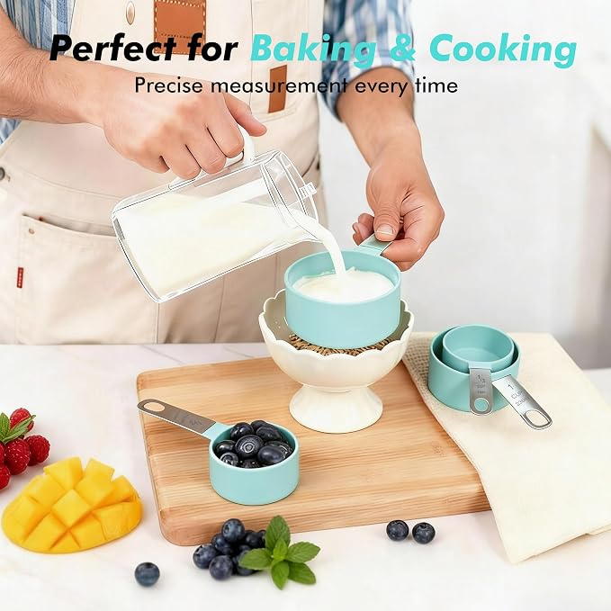 Measuring Cups and Spoons Set, 10-Piece Stackable Kitchen Tools with Stainless Steel Handles, Nesting Measurement Gadgets for Cooking & Baking (Mint)