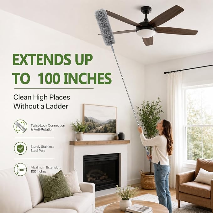 8-Piece Microfiber Feather Duster Set with Extension Pole (16.1" to 100"), Extendable Cobweb & Ceiling Fan Duster for Cleaning Cobweb, Ceiling Fan, Blind, Furniture